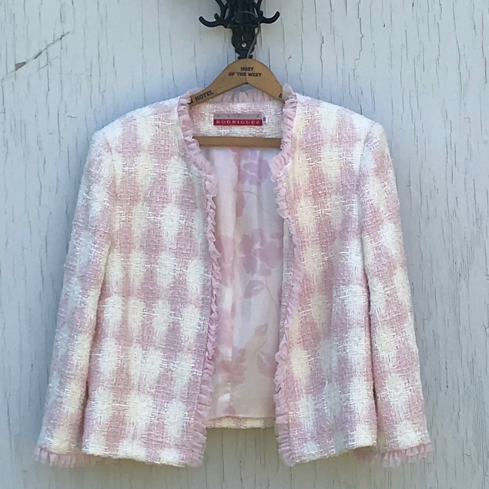 David Rodriguez Jacket Pink White Tweed Lace Edge